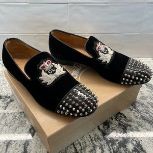 Mens Christian Louboutin velvet shoes with black patent studded toe size 44